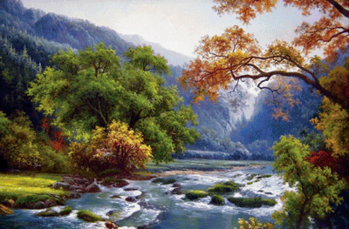 Горная река - картина, лес, река, пейзаж, осень, горы - предпросмотр