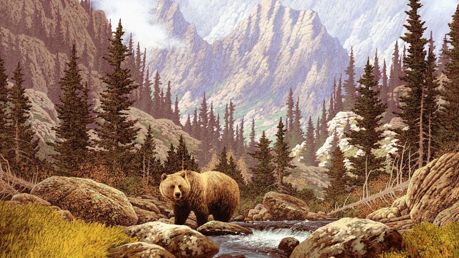 Медведь у горного ручья - лес, пейзаж, горы, природа, звери, картина - оригинал