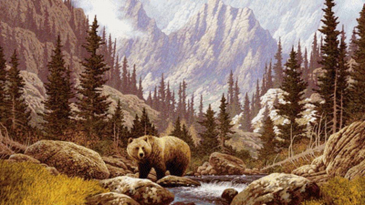Медведь у горного ручья - лес, картина, звери, горы, природа, пейзаж - предпросмотр