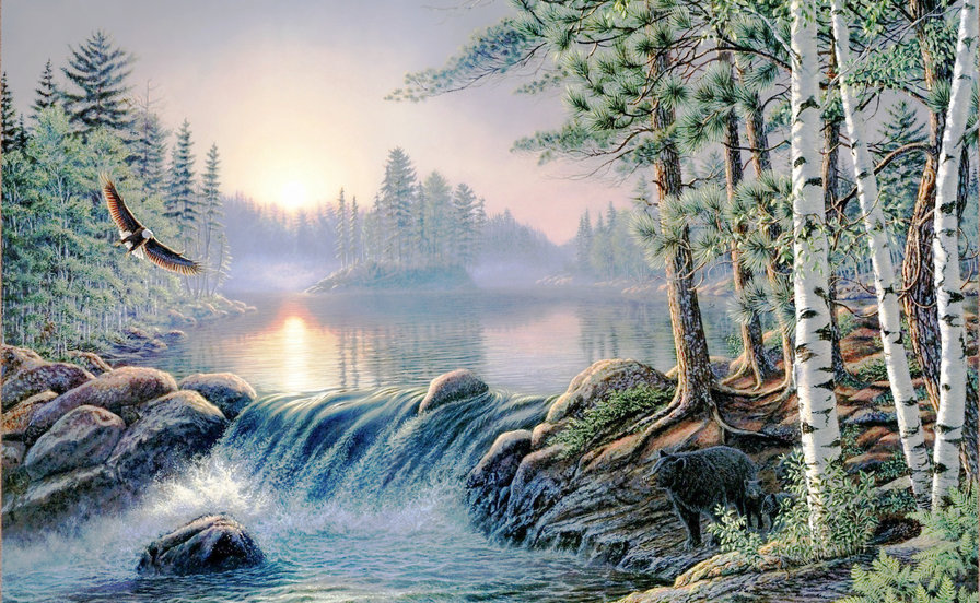 Рассвет - речка, лес, березы, туман над водой - оригинал