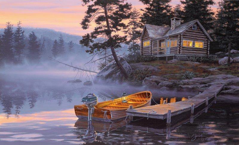 №1257465 - дом, вода, озеро, туман, лодка - оригинал
