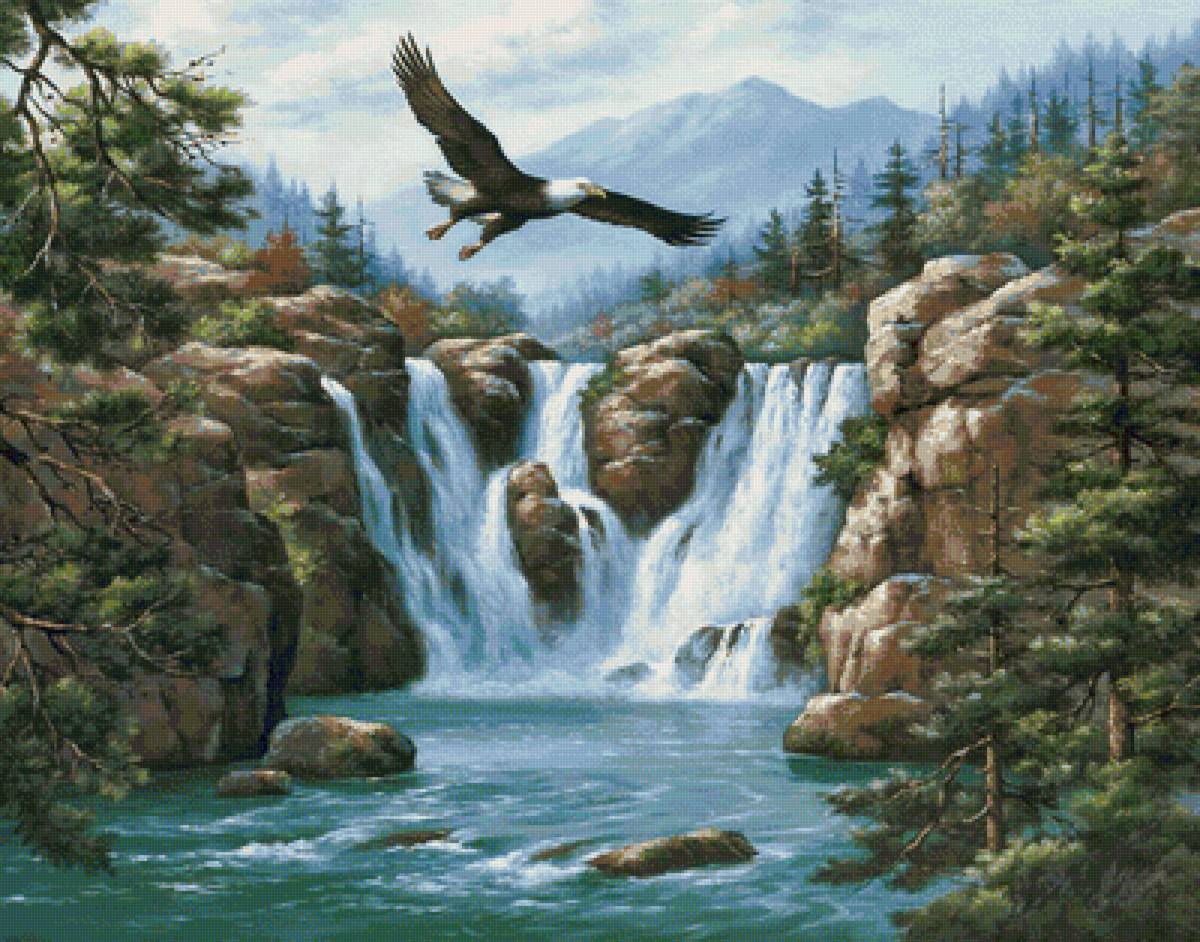 Полет над водопадом - полет, водопад, горы, орел - предпросмотр