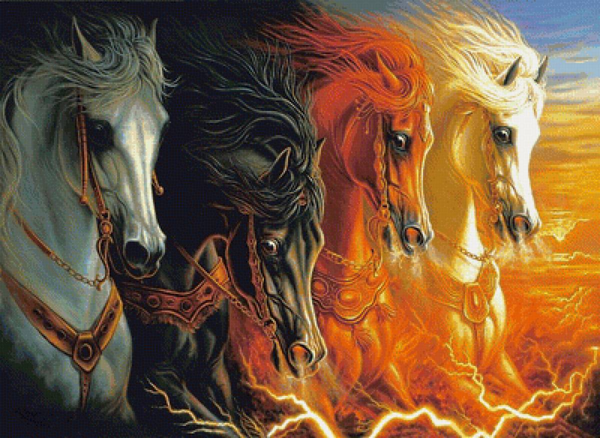 огненная четвёрка - домашние животные, кони, белый конь, лошади - предпросмотр