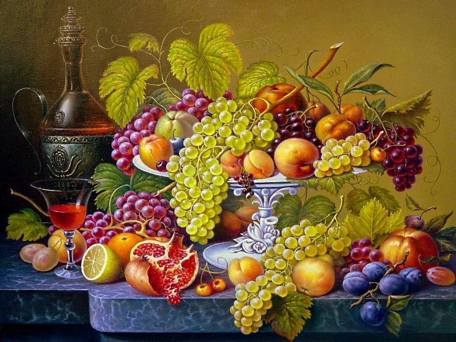 натюрморт в старинном стиле - лимоны, яблоки, персики, натюрморт, гранаты, виноград, кувшин - оригинал
