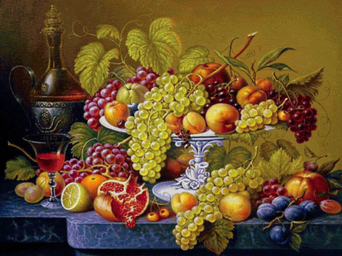 натюрморт в старинном стиле - гранаты, виноград, яблоки, лимоны, персики, кувшин, натюрморт - предпросмотр