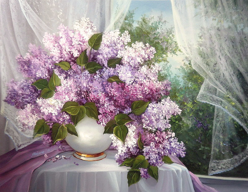 Худ. Анка Булгару (Румыния) - окно, натюрморт, сирень, ваза, цветы - оригинал