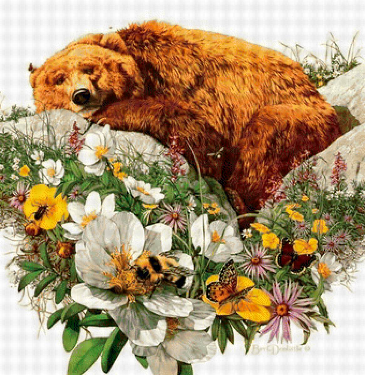 мишутка спит - цветы, медведь - предпросмотр