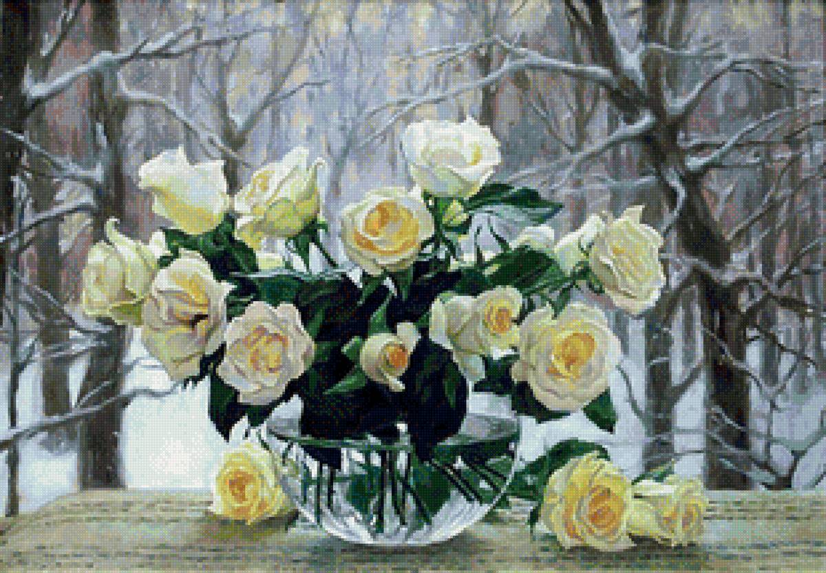 Чайные розы на зимнем окне - ваза, цветы, розы, окно, пейзаж, натюрморт - предпросмотр