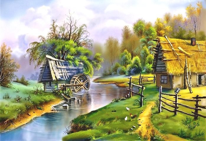 Водяная мельница - речка, лес, мельница, природа, домик - оригинал