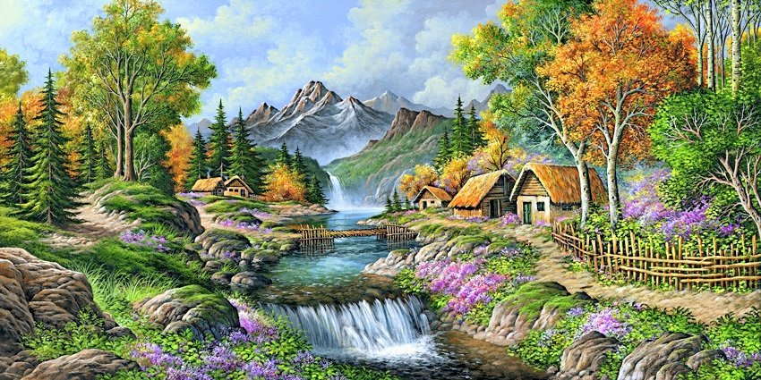 горный пейзаж - дом, пейзаж, лес, водопад, осень, дома, деревня, горы, лето - оригинал