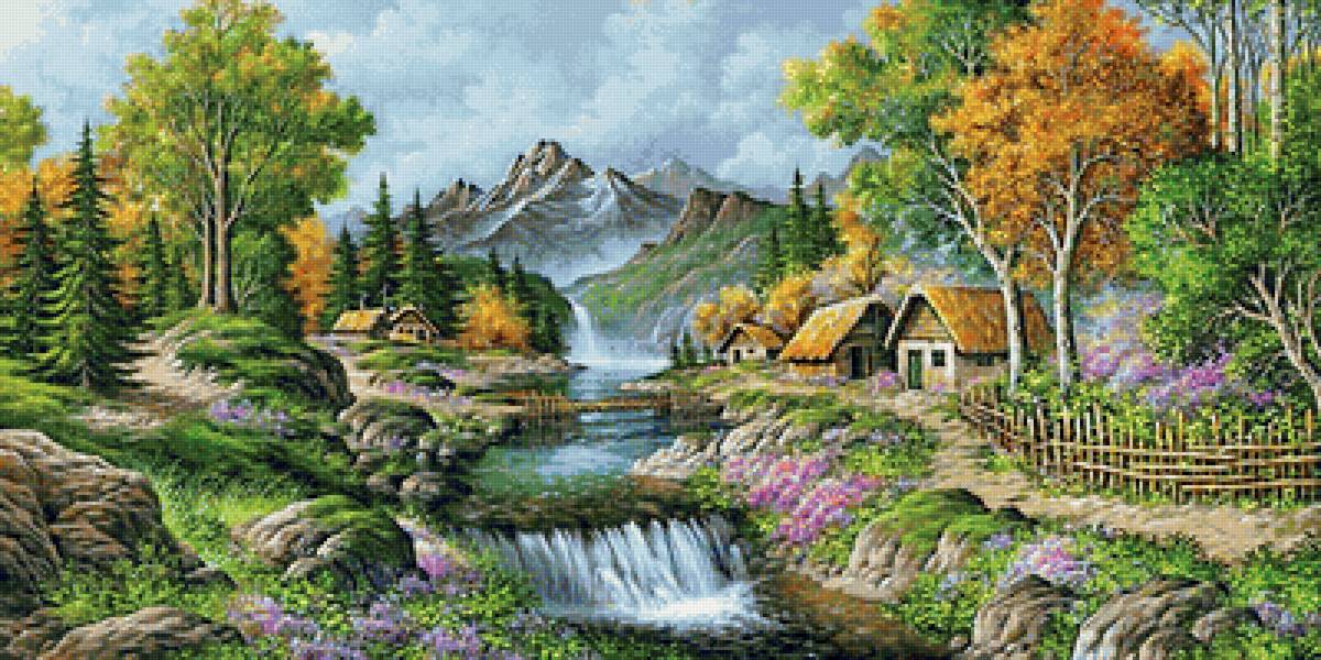 горный пейзаж - осень, дом, деревня, водопад, горы, дома, лес, лето, пейзаж - предпросмотр