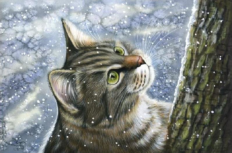 Котик - кот, и.гармашова, снег., дерево, картина - оригинал