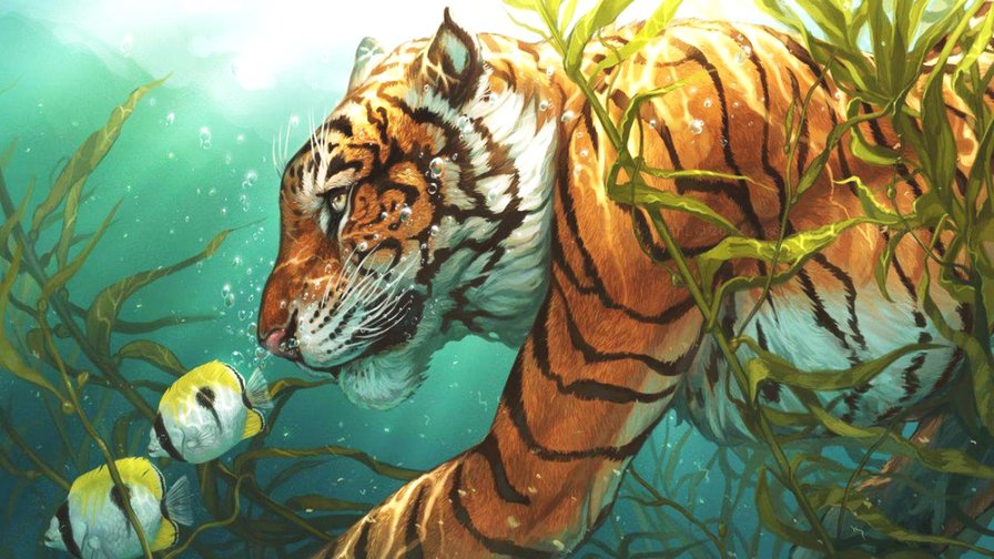 Серия "Охота" - тигр под водой, подводная охота - оригинал