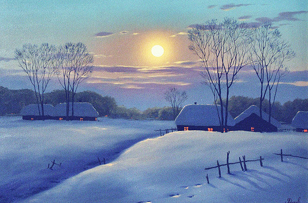 зимний пейзаж - деревня, пейзаж, зима, ночь - оригинал