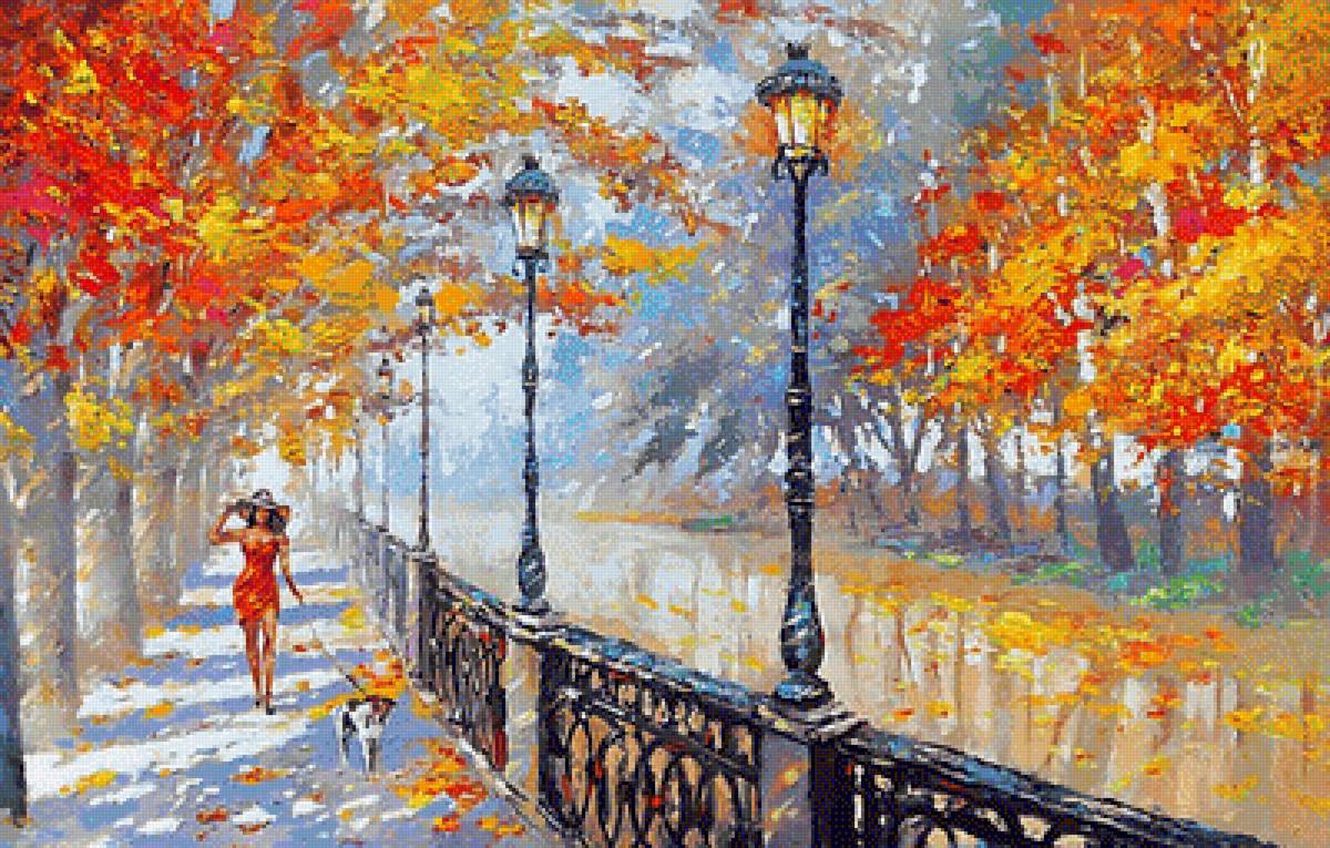 Autumn - пейзаж, осень, алея, женщина, живопись, парк - предпросмотр