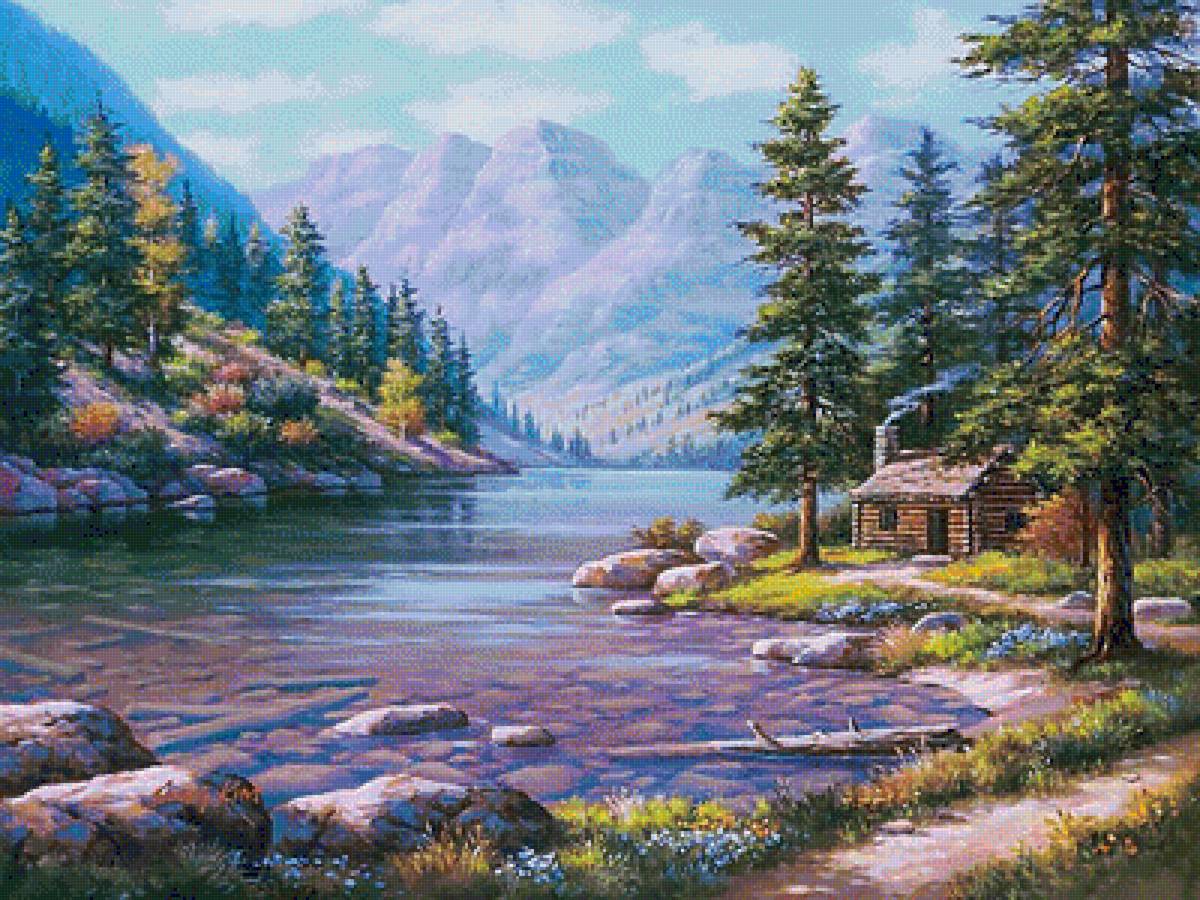 №1266403 - озеро, природа, лес, дом, пейзаж, горы, живопись - предпросмотр