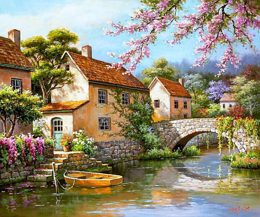 №1267159 - лодка, речка, природа, мостик, дома, живопись, пейзаж - оригинал