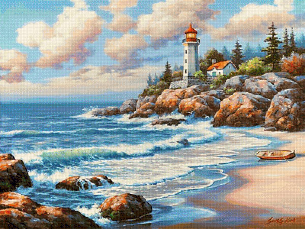 №1267226 - маяк, лодка, море, волны, пейзаж, природа, живопись, закат - предпросмотр
