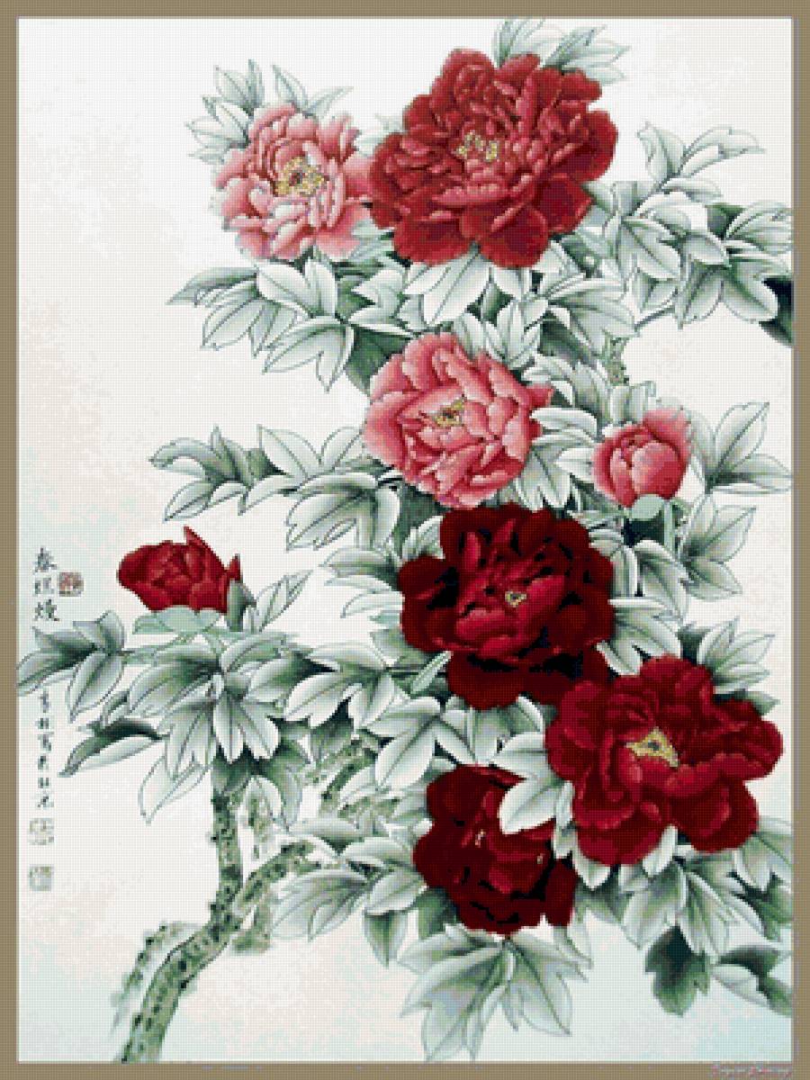 Китайская живопись - цветы, пион - предпросмотр