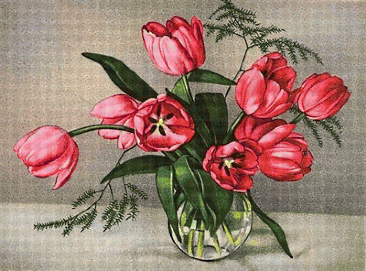 розовое чудо - винтаж, ретро, тюльпаны, розовые цветы, тюльпан, букет - предпросмотр