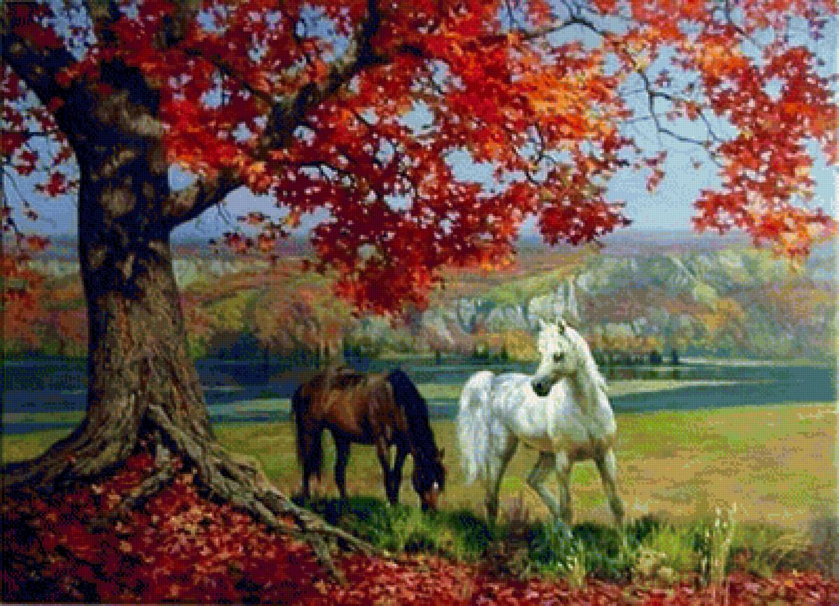 пейзаж - осень, природа, пейзаж, лошади - предпросмотр