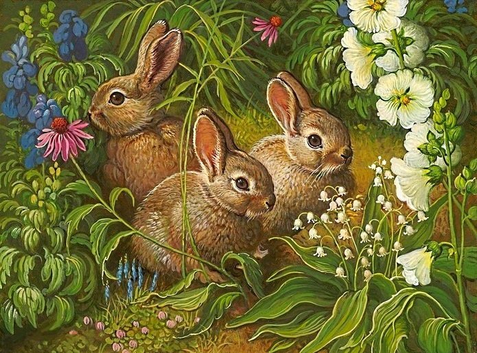 братцы-кролики - кролик, домашние животные, кролики, белые цветы, ландыши - оригинал
