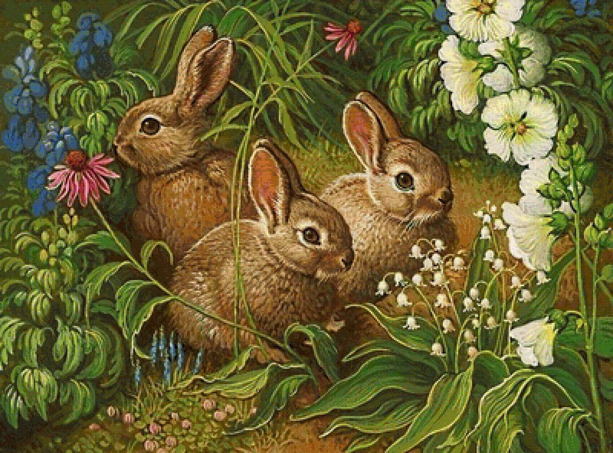 братцы-кролики - ландыши, кролики, белые цветы, домашние животные, кролик - предпросмотр