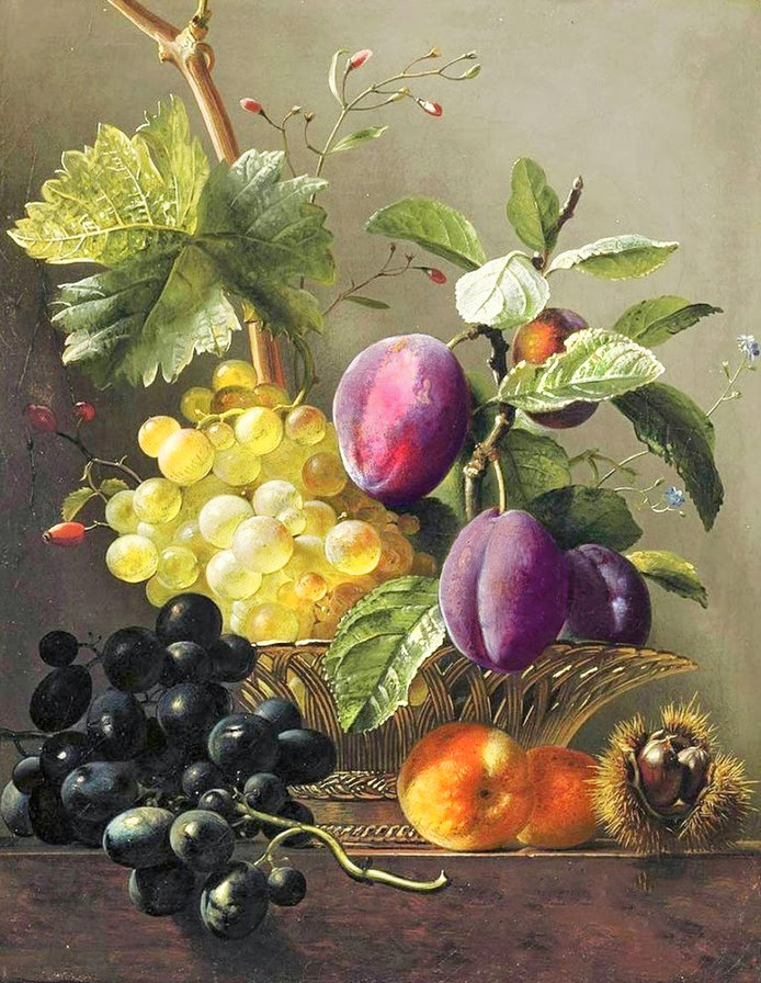 Сливы, фрукты и каштан - виноград, фрукты, натюрморт, для кухни, ягоды, сливы, каштаны - оригинал