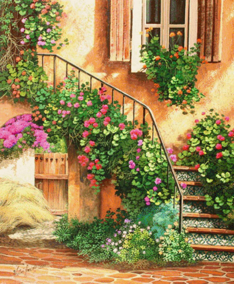 сельский дворик - лестница, цветы, двор - предпросмотр