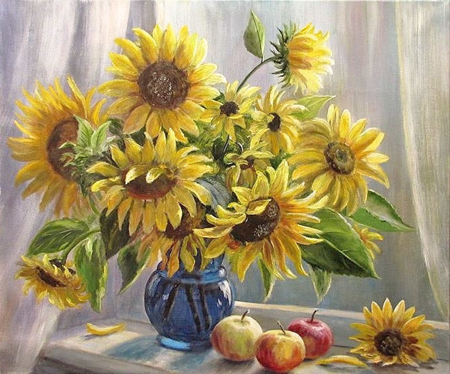 Худ. О.П.Воробьева - ваза, цветы, подсолнухи, яблоки, окно, натюрморт - оригинал