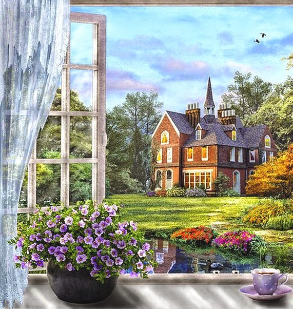 Вид из окна - природа, дом, цветы, лес - оригинал