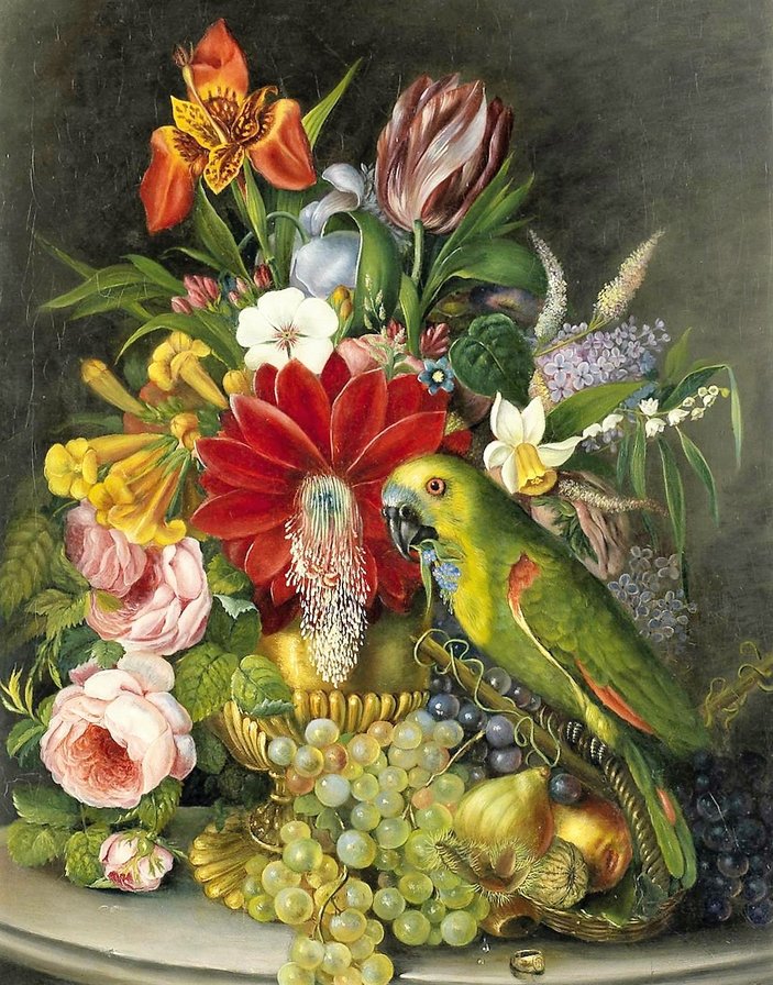 Натюрморт с попугаем. - птицы, цветы, фрукты, натюрморт, картина - оригинал