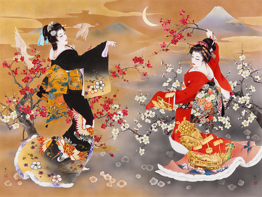 японские мотивы - япония, танец, японки, лето, женщины, весна - оригинал