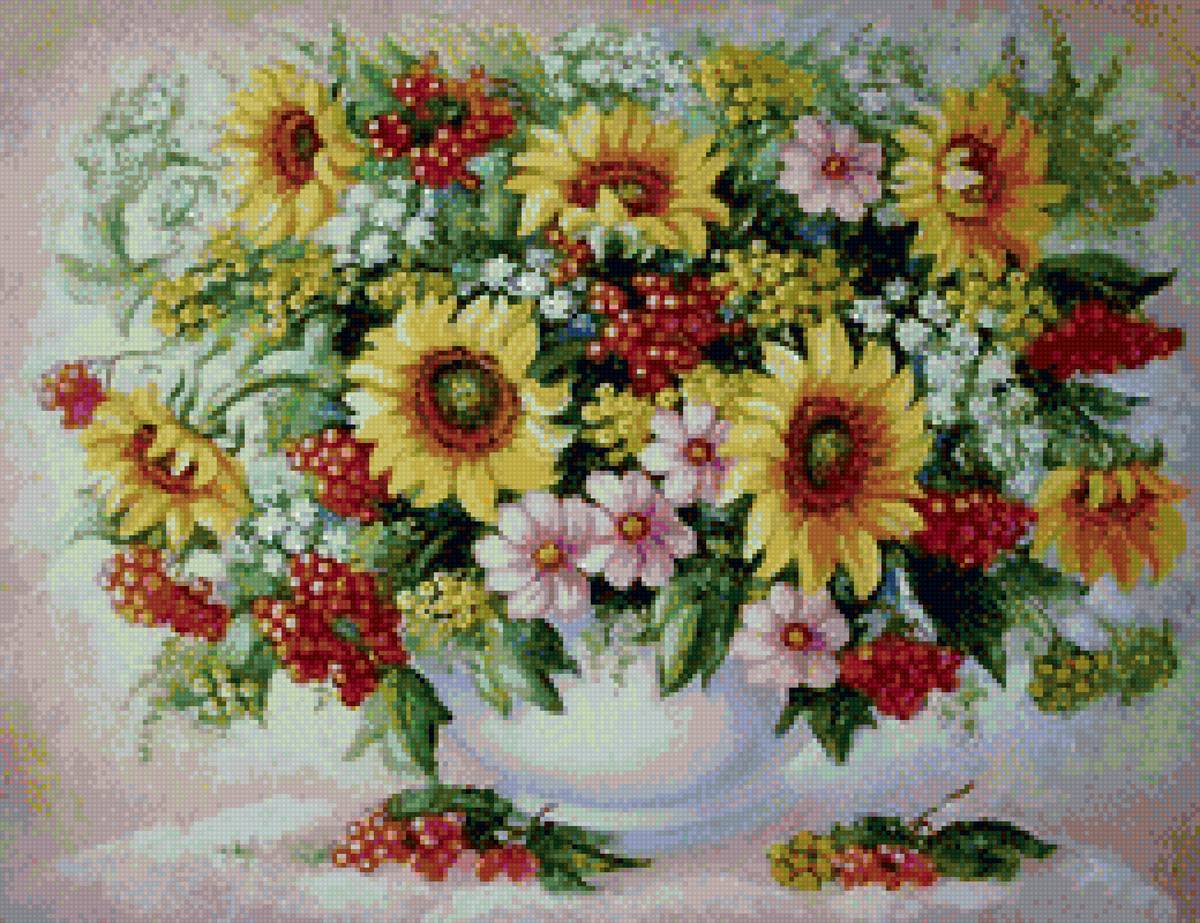 подсолнухи и калина - букет цветов, лето, калина, подсолнухи, цветы в вазе - предпросмотр