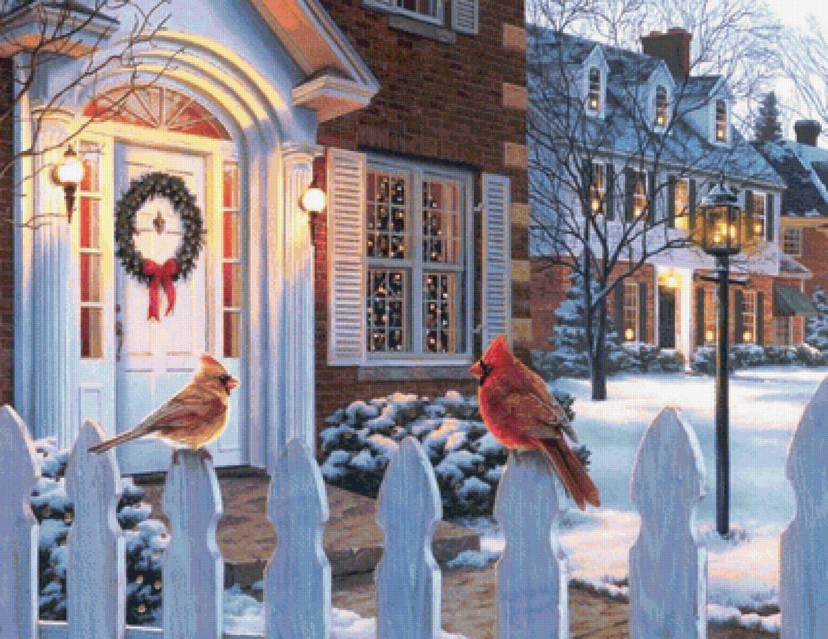 Серия "Зима пришла" - кардинал, дом, рождество, зима, снег, птички - предпросмотр