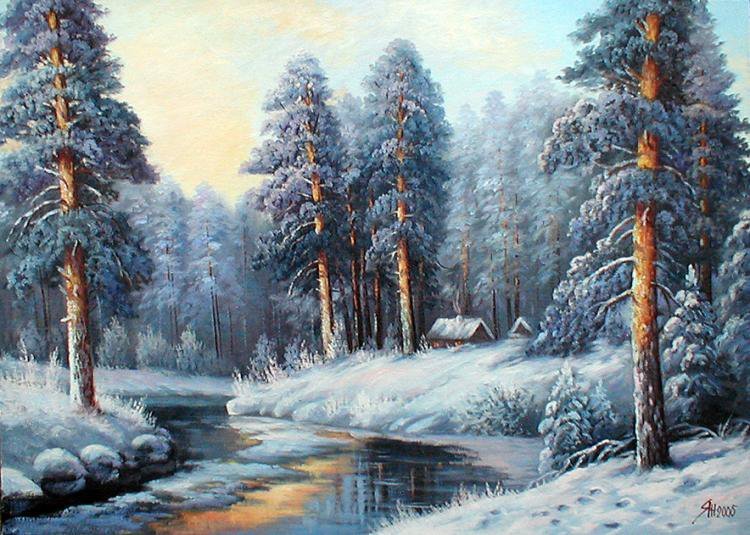 зимний ручей - снег, сугробы, зима, река, природа, дерево, ручей, ель, лес, сказка - оригинал
