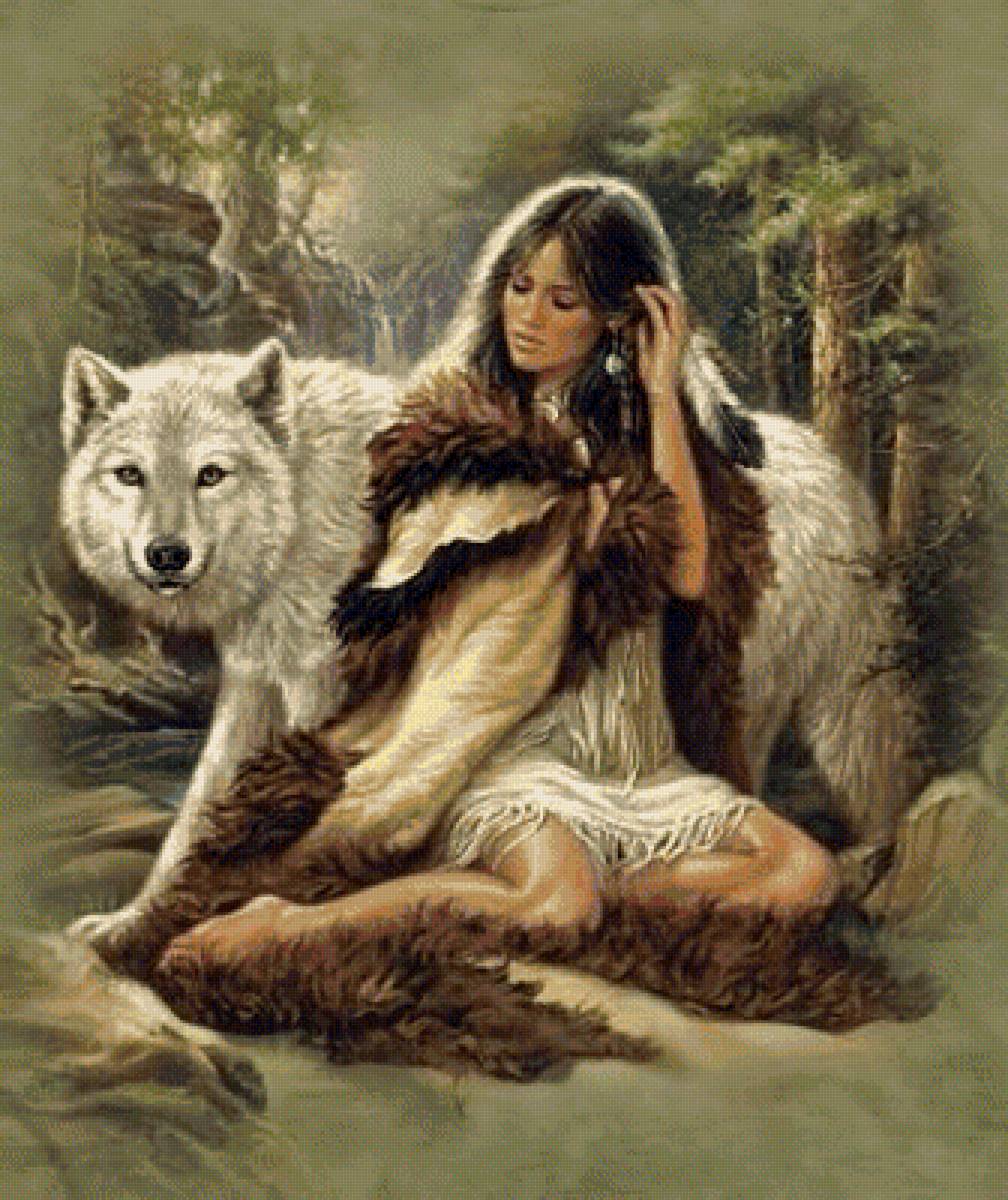 девушка и белый волк - предпросмотр