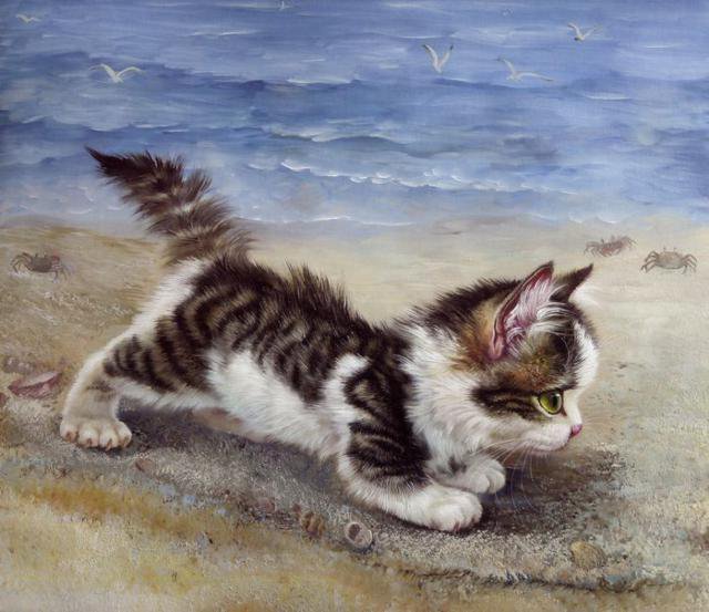 котёнок на берегу - берег, природа, море, картина, река, котенок, вода, животные - оригинал