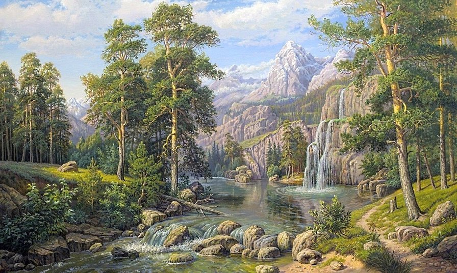 горный пейзаж - горы, река, лес, водопад, лето, пейзаж, озеро - оригинал