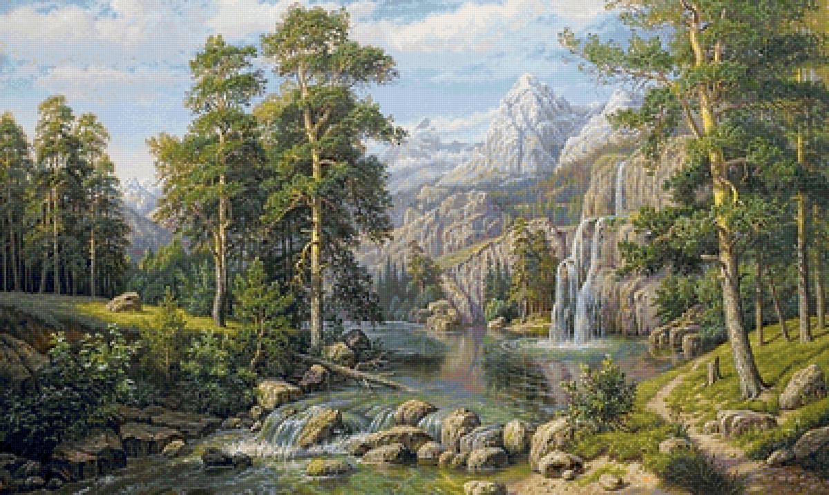 горный пейзаж - водопад, лето, пейзаж, река, горы, озеро, лес - предпросмотр