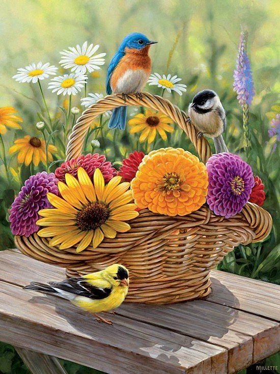 корзина с цветами и птицами - птицы, корзина, цветы - оригинал