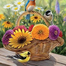 корзина с цветами и птицами