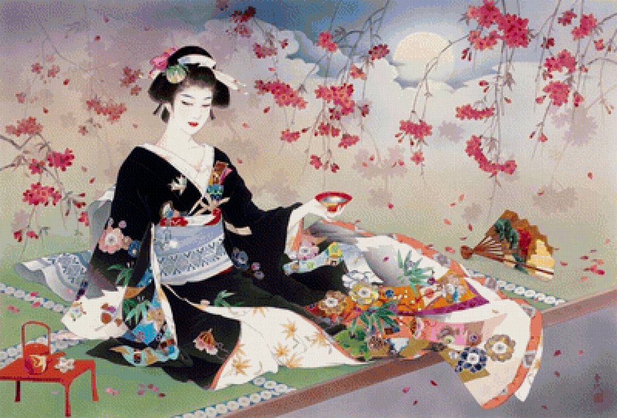 японские мотивы - женщины, весна, японки, лето, чай, сакура, япония - предпросмотр