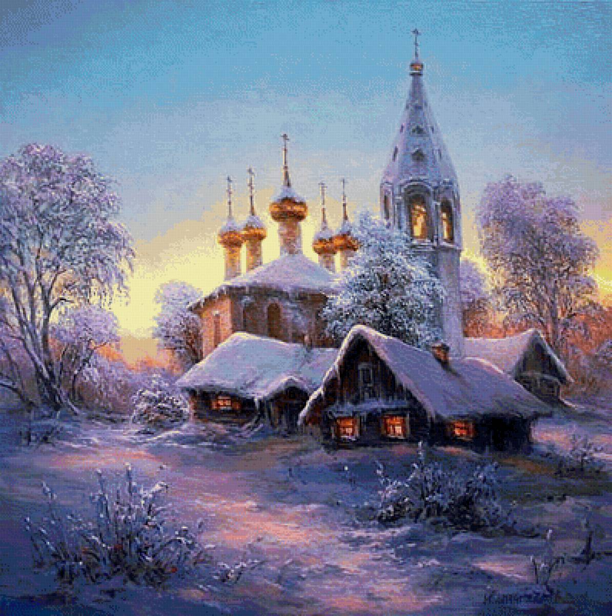 зимняя - пейзаж, деревня, храм, природа, церковь, снег, зима, картина - предпросмотр
