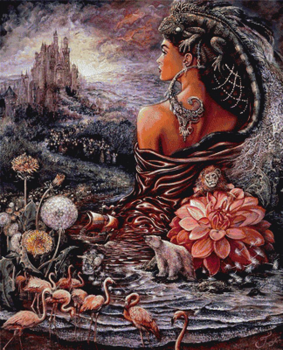 картина Жозефины Уолл - девушка ящерица цапля лев женский образ саламандра - предпросмотр