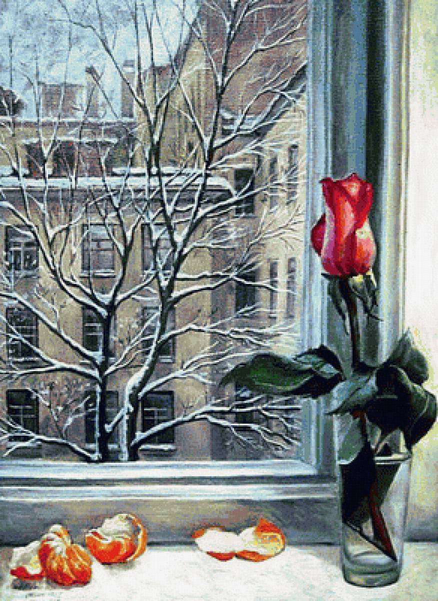 Вид из окна - окно, роза, ваза - предпросмотр