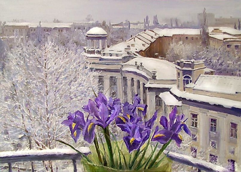 Худ. Елена Юшина, "Весна на отдельно взятом балконе". - зима, пейзаж, живопись., цветы - оригинал