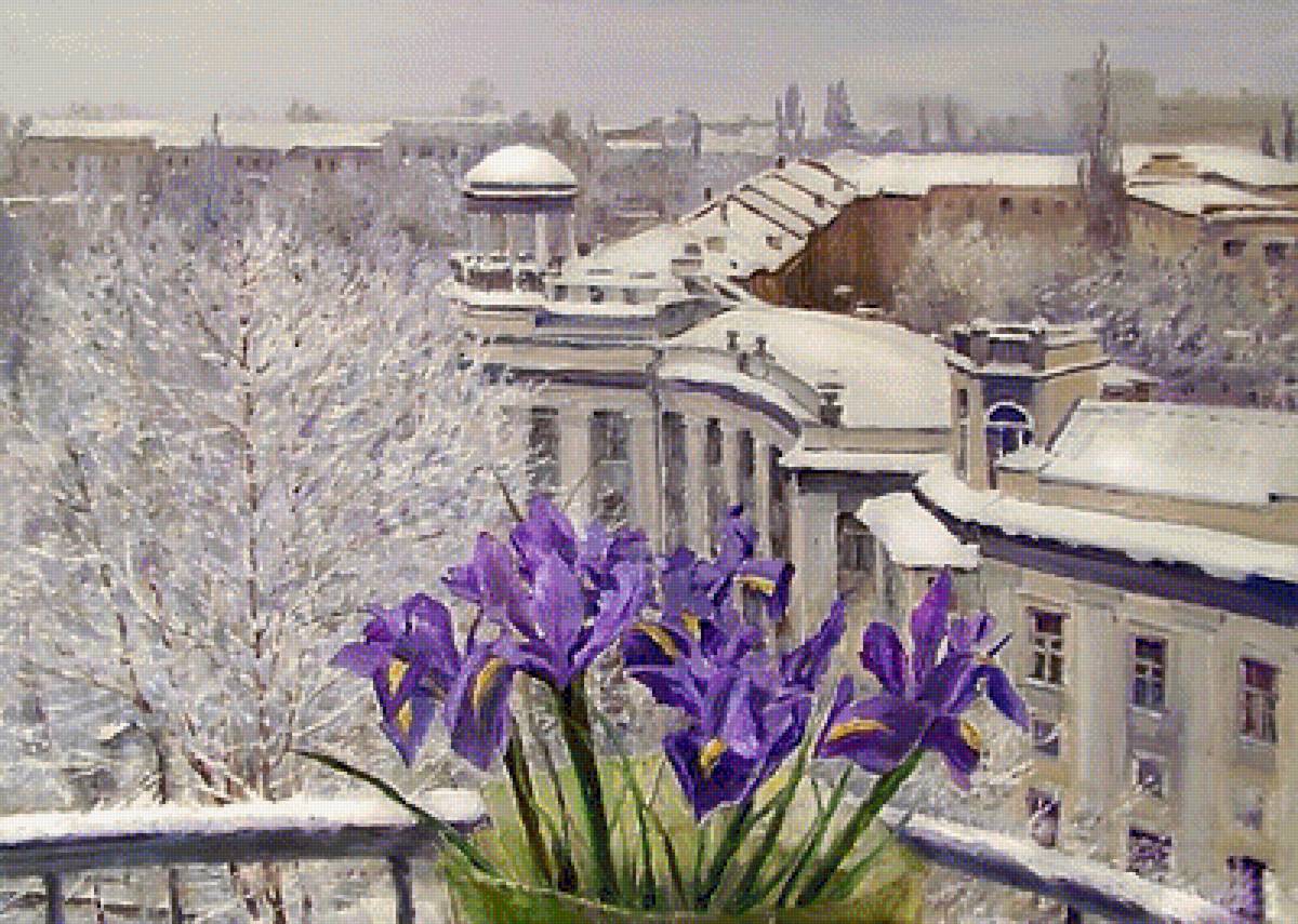 Худ. Елена Юшина, "Весна на отдельно взятом балконе". - пейзаж, зима, живопись., цветы - предпросмотр