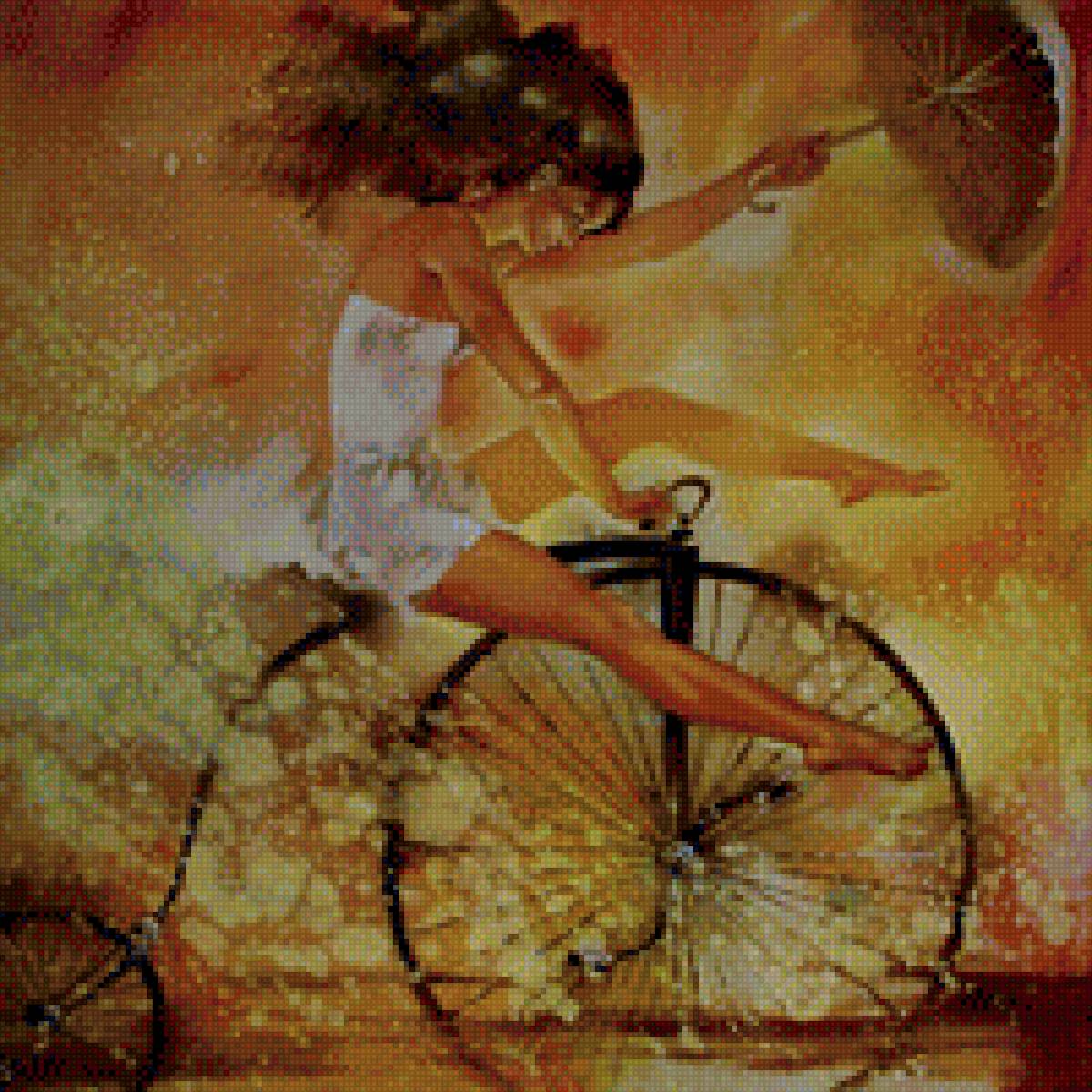 Девушка на велосипеде - девушка, вышивка крестом.велосипед, зонт, ручная работа.дождь - предпросмотр