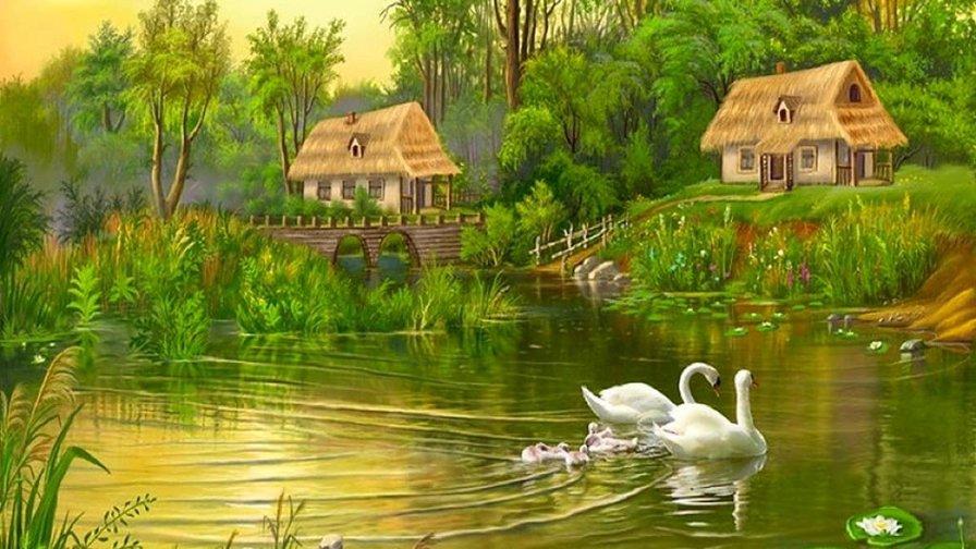 Лебеди в пруду - домик, пруд, лебеди, деревня - оригинал